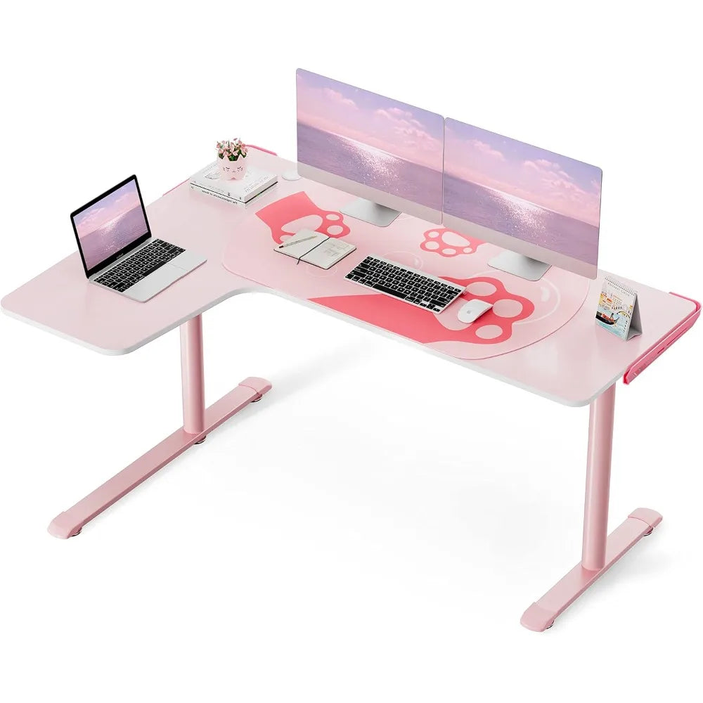 Pink L Shaped Gaming Desk, 60 Inch Large Home Office Corner PC Computer Table Study Writing Modern Workstation Girls  Female