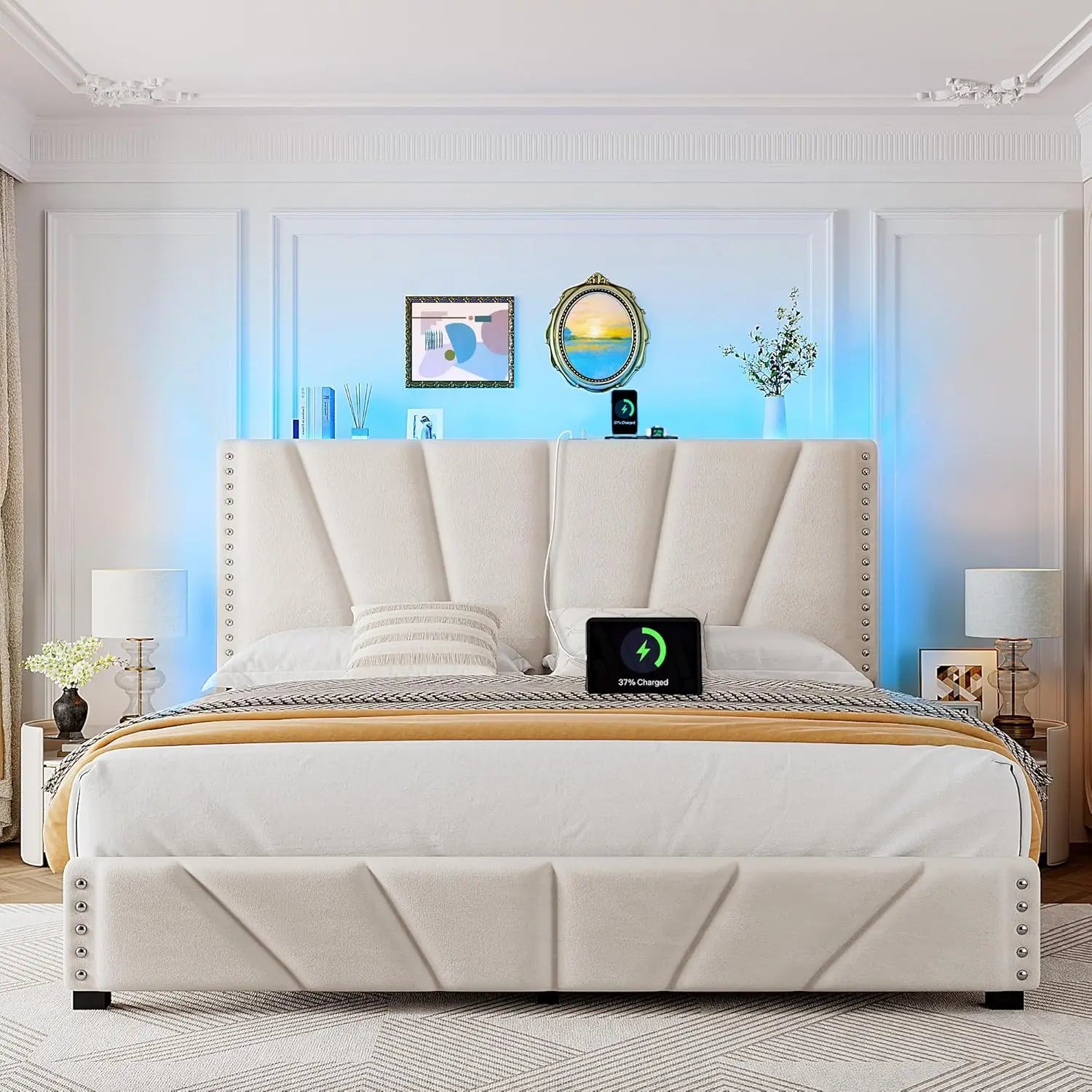 King Size Bed Frame with Velvet Headboard and LED Lights， Storage Headboard Platform Bed with Charging Station