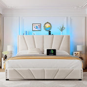 King Size Bed Frame with Velvet Headboard and LED Lights， Storage Headboard Platform Bed with Charging Station