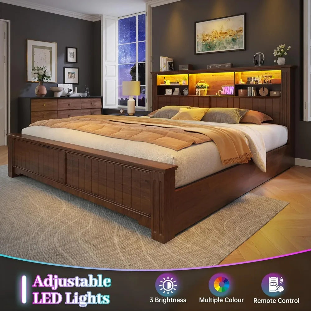 EnHomee King Size Bed Frame and Headboard, King Bed Frame with 4 Drawers USB & LED, Farmhouse Bed Built in Charging Station,No B