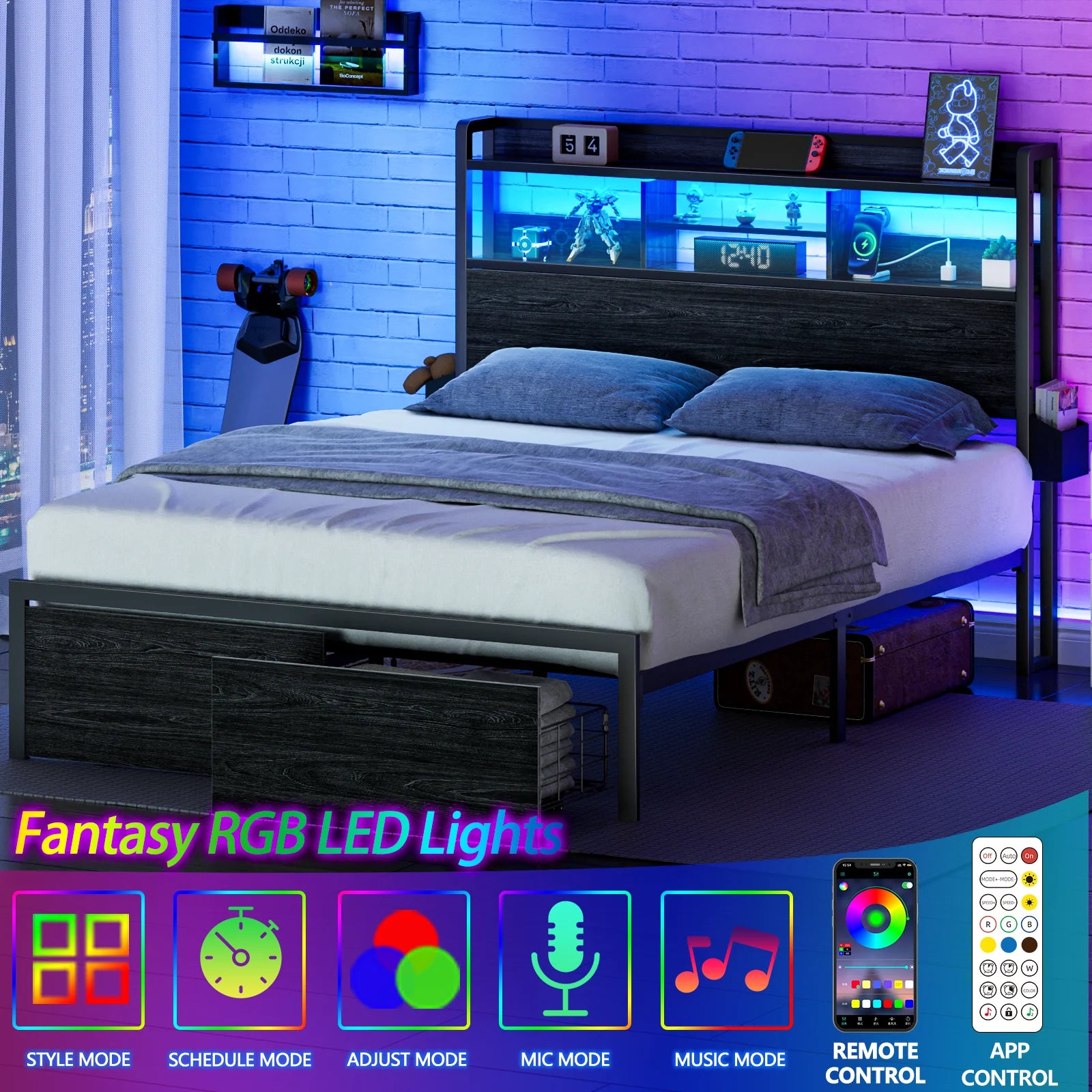 Full/Queen Size Bed Frame with Storage Headboard, Metal Platform Bed Frame with Storage Drawers, LED Lights and Charging Station