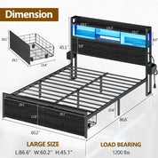 Full/Queen Size Bed Frame with Storage Headboard, Metal Platform Bed Frame with Storage Drawers, LED Lights and Charging Station