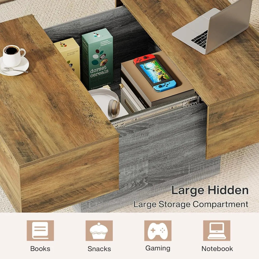 expandable farmhouse coffee table with storage for living room, suitable for small spaces