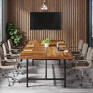 8FT Conference Table, 94.48L x 47.24W x 29.52H Inches Boat Shaped Meeting Table with Rectangle Grommet, Modern Seminar Boardroo