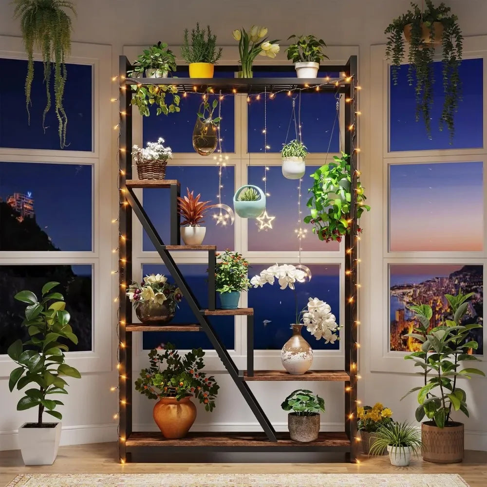 70.9" Tall Indoor Plant Stand, 7-Tier Large Plant Shelf with 5 S-Hooks, Industrial Wood Flower Stand Display Rack For