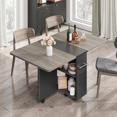 Space Saving Folding Dining Table with 2 Tier Storage-Extendable Drop Leaf Farmhouse Kitchen Dining Room Tables Set for 4