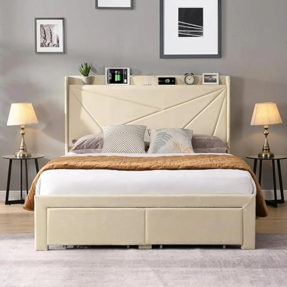 Upholstered Bed Frame w/Charging Station&2 Storage Drawers, Upholstered Headboard Platform Bed, No Box Spring Needed, Beds Frame
