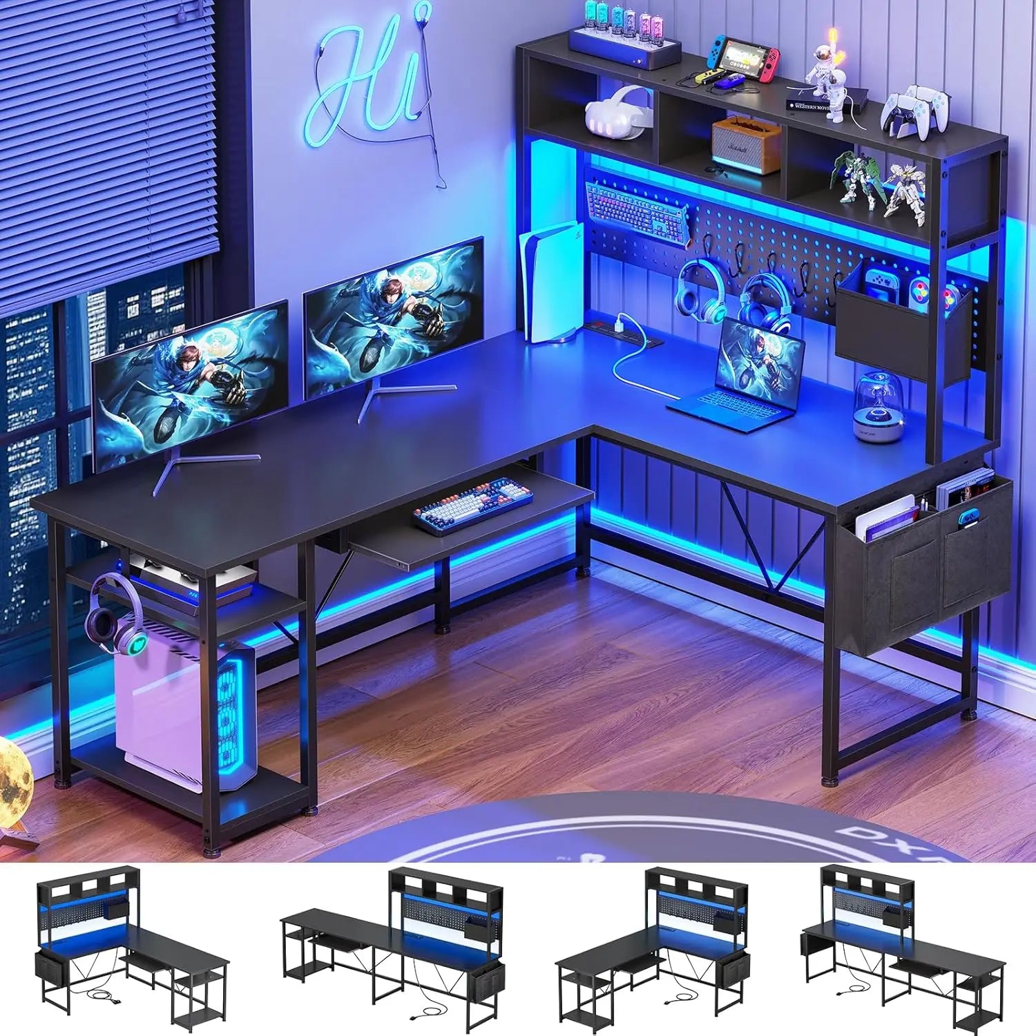 FurnishSpot L-Shaped Gaming Desk with Hutch, Charging Station & RGB LED Lights – Reversible Corner Computer Desk with Storage Shelves