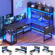 FurnishSpot L-Shaped Gaming Desk with Hutch, Charging Station & RGB LED Lights – Reversible Corner Computer Desk with Storage Shelves