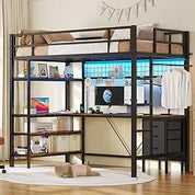 Loft Bed Twin Size with L-Shaped Desk and Storage Shelves, Metal Loft Bed Frame with Power Outlet, LED Lights, 3 Fabric Drawers,