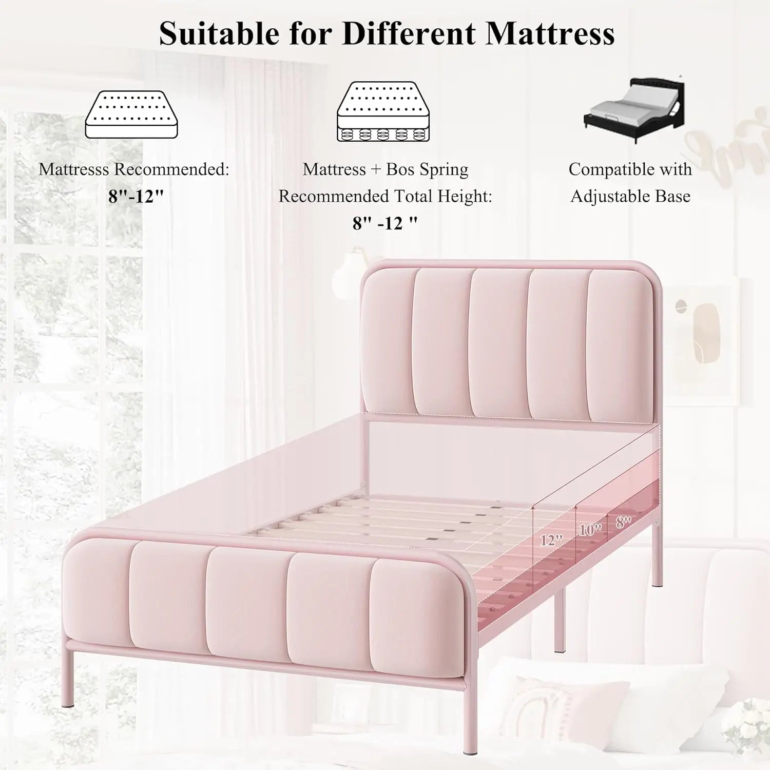 Twin Size Upholstered Pink Bed Frame with Button Tufted Headboard