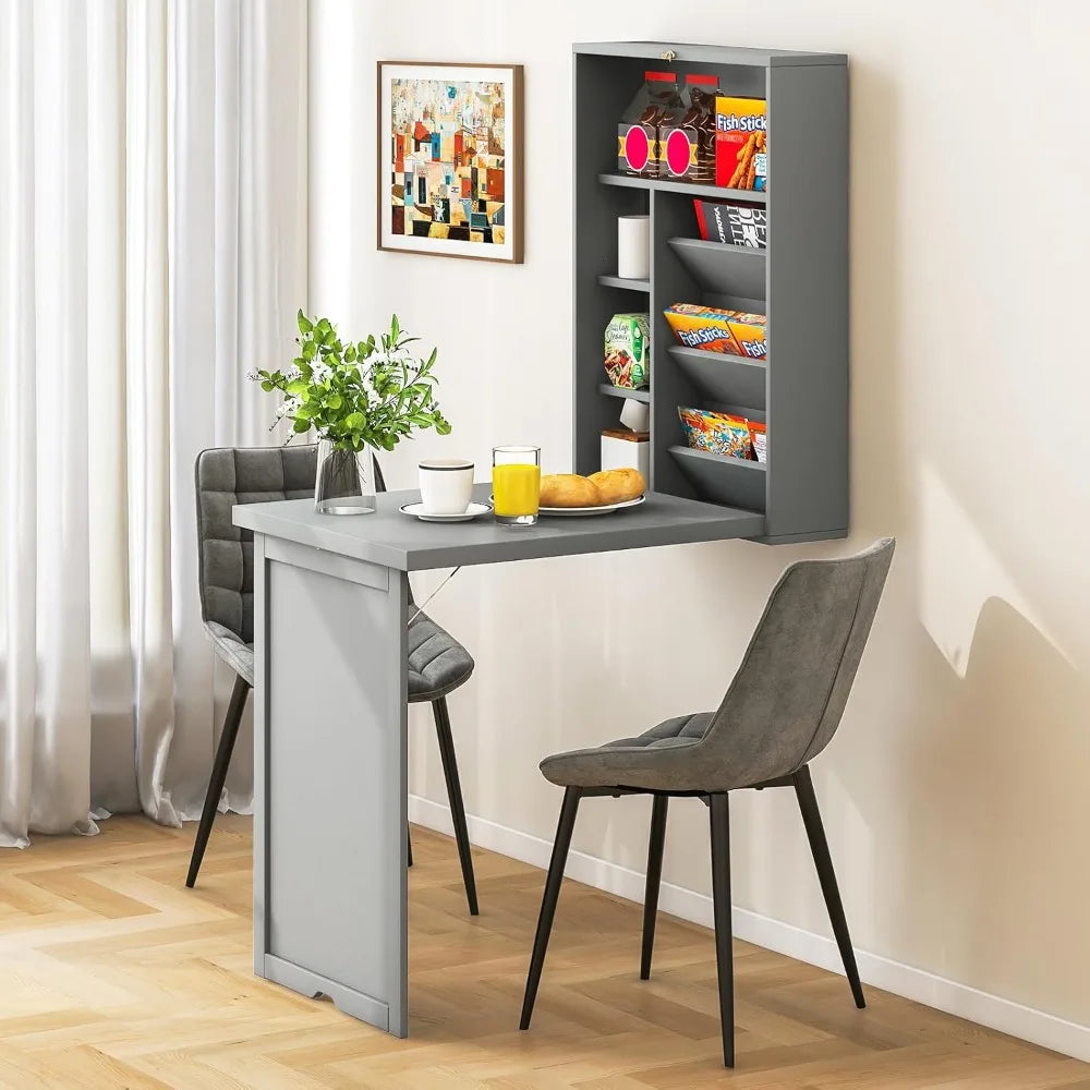 FurnishSpot Wall-Mounted Folding Desk with Storage | Space-Saving Floating Fold-Down Desk