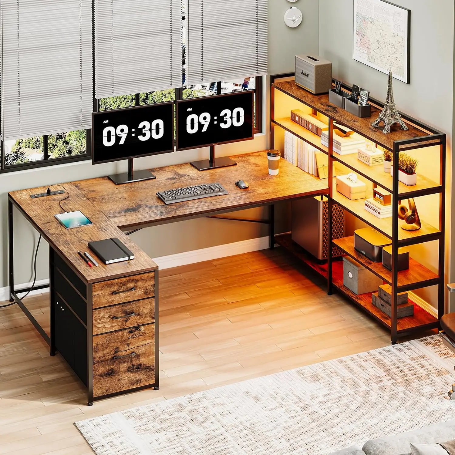 Corner Computer Desk, Reversible U Shaped Office Desk with 3 Fabric Drawers and Power Outlet, Corner Gaming Desk with LED Lights