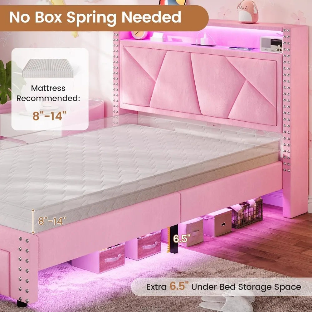 VIAGDO Pink Twin Bed Frames with LED Lights, Upholstered Platform Bed Frame Twin Size with Storage Headboard and Charging Statio