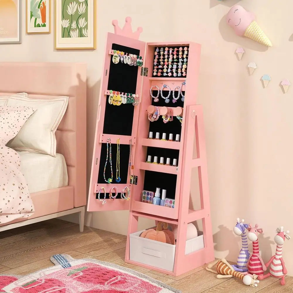 Kids Crown-Themed 45.5" Wooden Jewelry Armoire with Full-Length Mirror & Storage Box