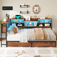 Twin Size Corner Bed Frame with Bookcase Storage and Led Lights Metal Platform Beds with 2 Drawers and Charging Station