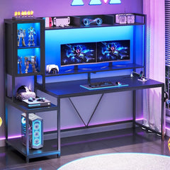 Gaming Desk, 60'' Gaming Desk with Hutch and LED Lights, Computer Desk with Storage Shelves, Large PC Gamer Desk with Display C