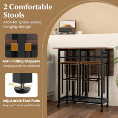 3-Piece Foldable Dining Table Set, Extendable Dining Table & 2 Stools Set w/ 6-Bottle Wine Rack, Side Pushing Handl