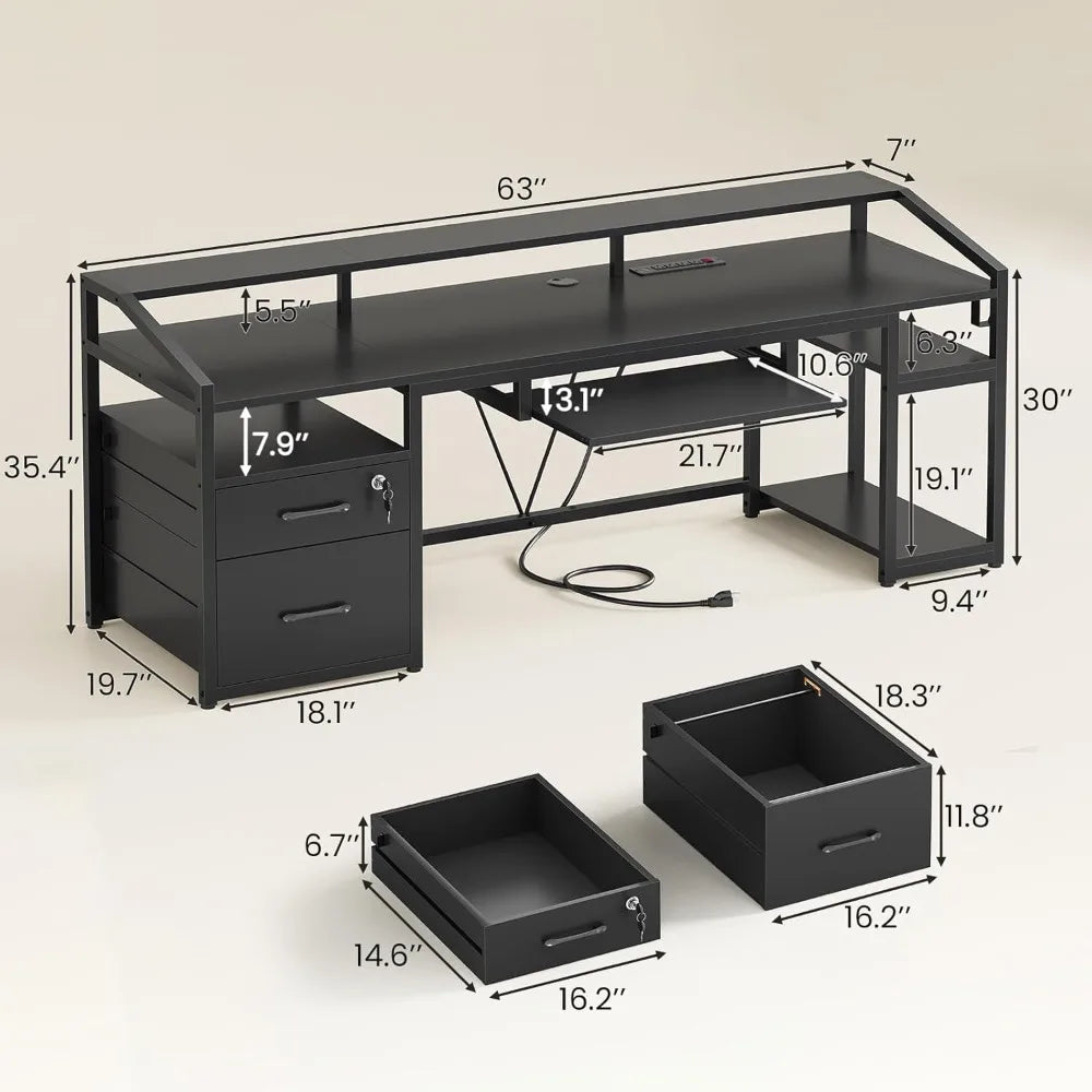 63" Computer Desk, Office Desk with Lockable Drawers for Legal/Letter File, Gaming Desk with LED Lights & Power Outlet, Home Of