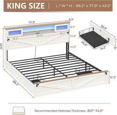 Farmhouse Bed Frame King Size with Bookcase Headboard,  King Bed with LED Lights and Charging Station, Accent with Sliding,White
