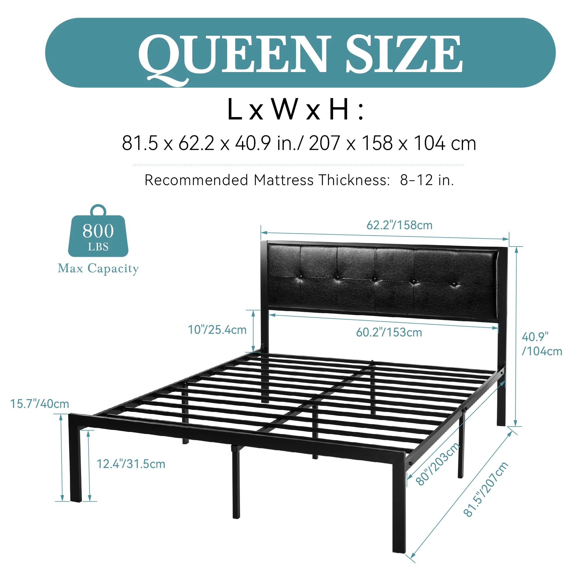 HOOMIC Metal Bed Frame, Upholstered Headboard with Square Stitched, Classic Button Tufted, Faux Leather, No Box Spring Needed