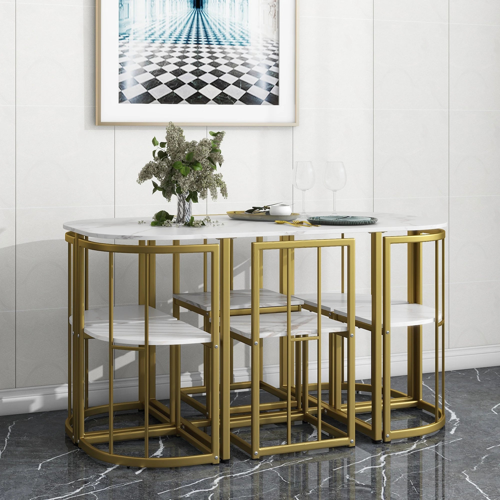 TOPMAX Modern 7-Piece Dining Table Set with Faux Marble Compact 55Inch Kitchen Table Set for 6