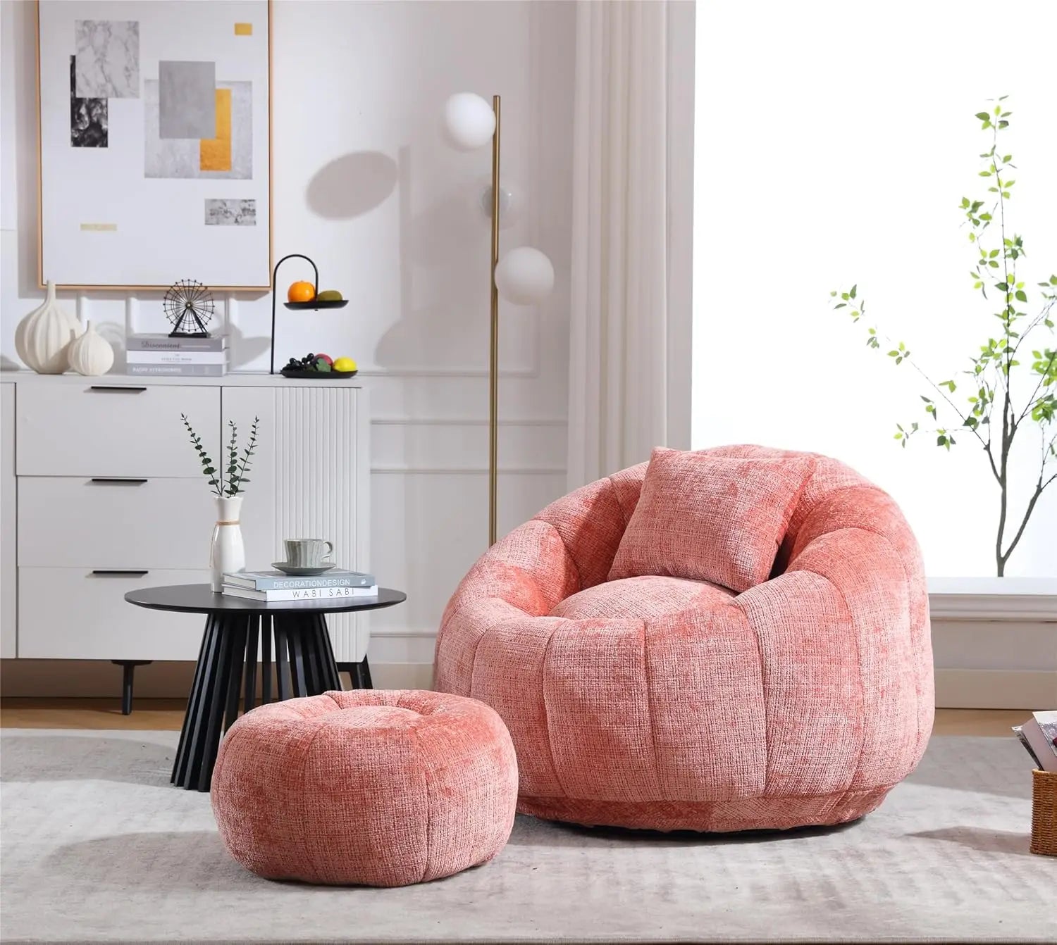 Modern Extra Large Round Bean Bag Chair with Footrest – Stylish Chenille Fabric, High-Density Memory Foam, Ultimate Comfort