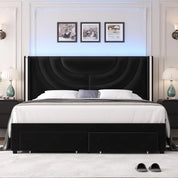 King Upholstered LED Bed Frame with 2 Storage Drawers, Velvet Platform Bed with Wingback Headboard, Solid Wooden Slats Support