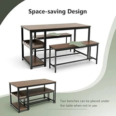 3-Piece Dining Table Set for 4, Rustic Pub Dining Table with 2 Benches, 2 Storage Shelves and Glass Holder, Breakfast Kitchen