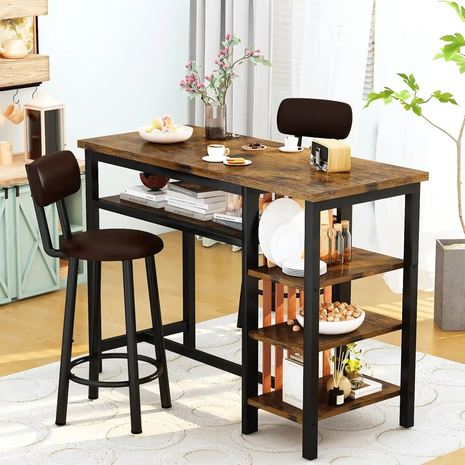 FurnishSpot® Rustic Brown Bar Table Set with Storage Shelves & PU Backrest Stools – 3-Piece Pub Dining Set
