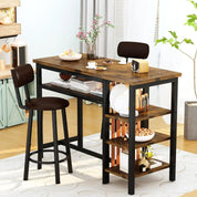 FurnishSpot® Rustic Brown Bar Table Set with Storage Shelves & PU Backrest Stools – 3-Piece Pub Dining Set