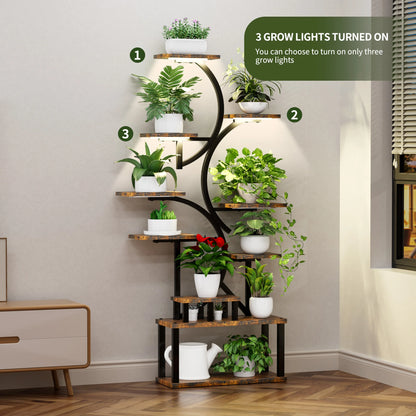 10-Tier Plant Stand with Grow Lights,S-Shaped Corner plant pack for Indoor Plants in Living Room,Garden,Patio,Deep Rustic Brown