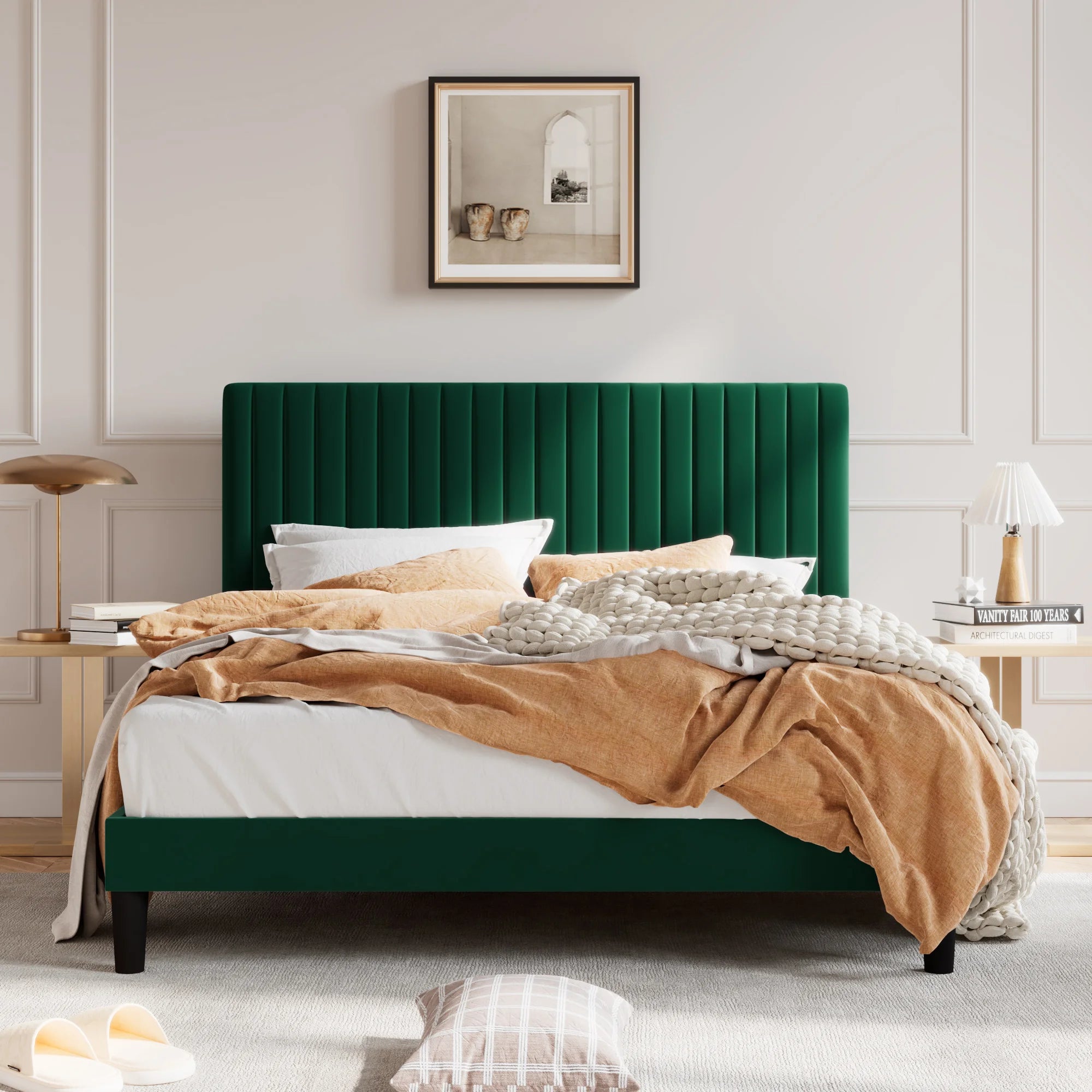 Upholstered Platform Bed Frame with Vertical Channel Tufted Velvet Fabric Adjustable Headboard