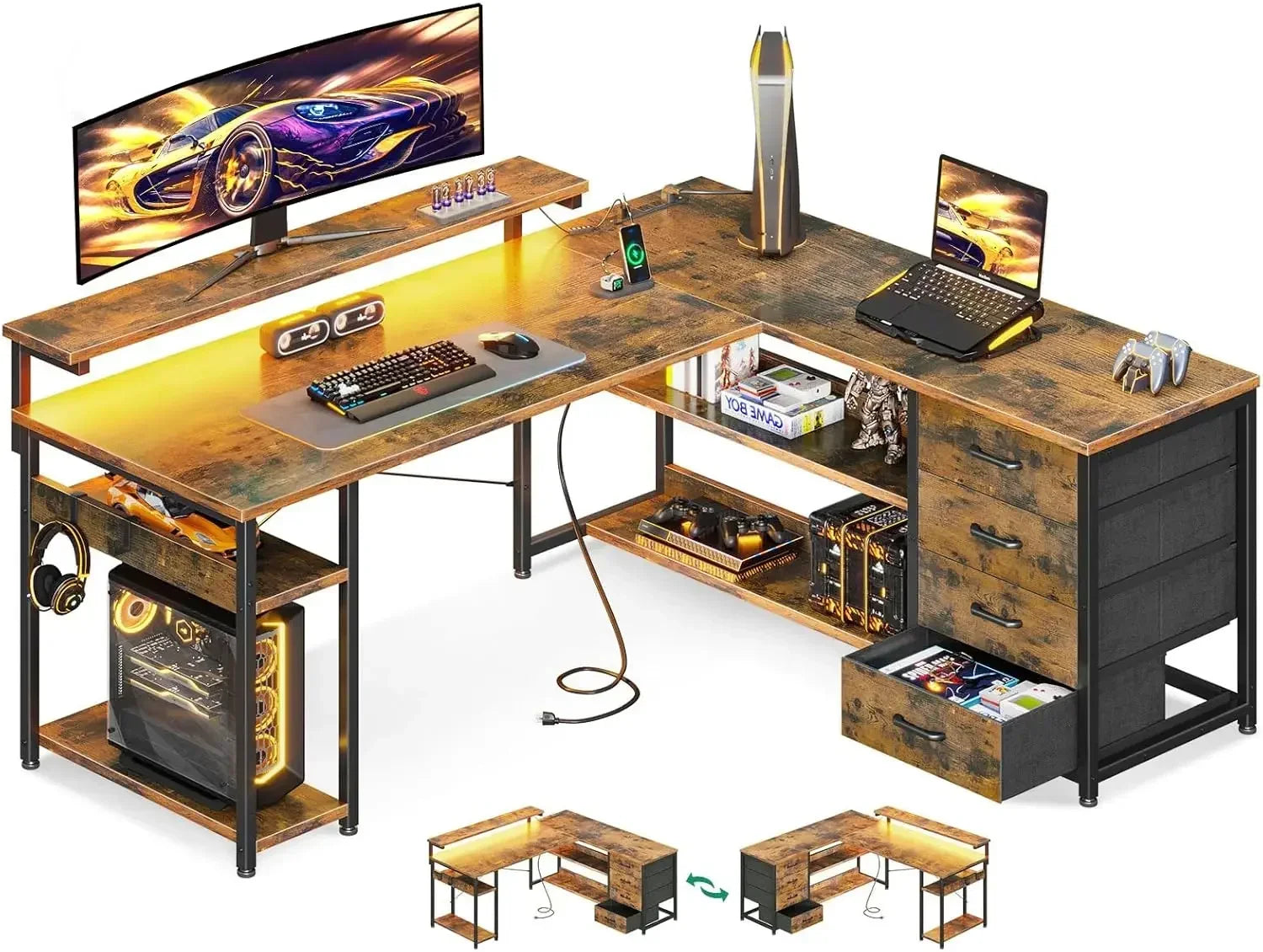 61" L Shaped Desk with Drawer, Computer Desk with Power Outlets & LED Lights, Reversible Corner Gaming Desk