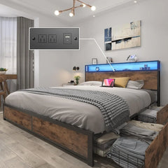 Queen Bed Frame with 2-Tier Storage Headboard, Metal Frame with 4 Storage Drawers, and Built in Charging