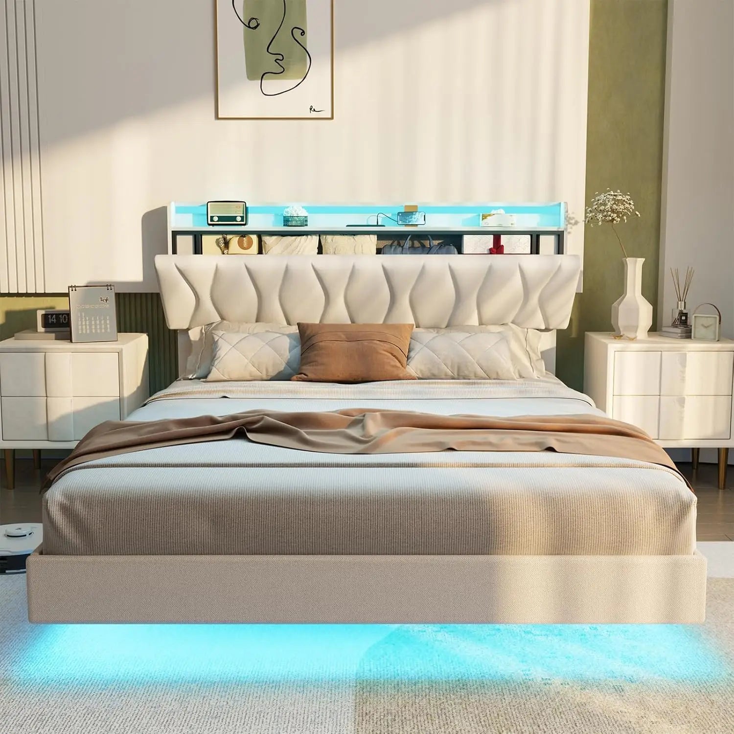 Vabches Floating Queen Bed Frame With Storage Headboard&LED Light Bed Frame with Charging Station Upholstered Platform Bed Frame