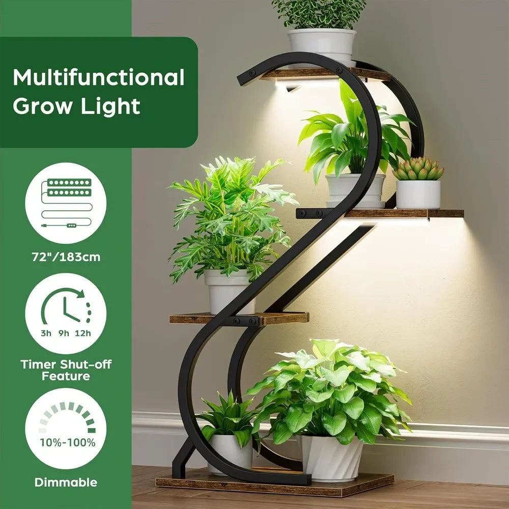 Indoor 4 Tiered Metal Plant Stand with Grow Light