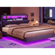 Queen Floating Bed Frame with RGB LED Lights Headboard, USB-C/A Power Combo, Linen Upholstered Platform Bed with Storage Headboa