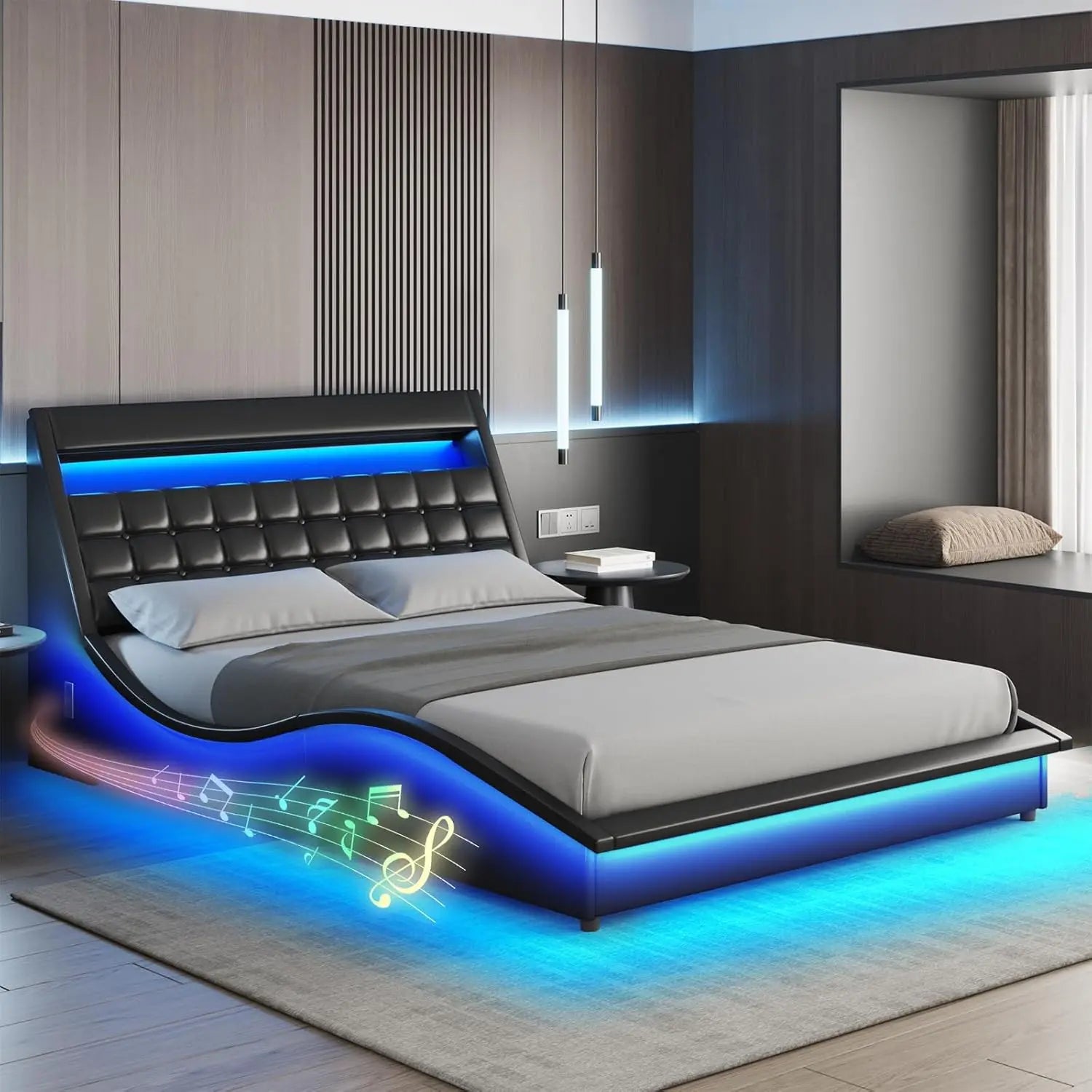 Vabches Full Size Bed Frame with Wave-Like Curve Design PU Leather Upholstered Platform Bed Frame w Charging Station&LED Lights