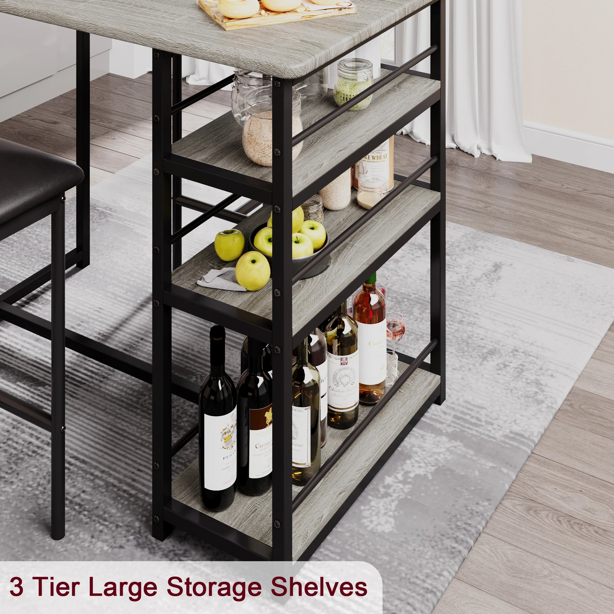 FurnishSpot® Counter Height Dining Table Set with Storage Shelves & Padded Stools – 3-Piece Space-Saving Set