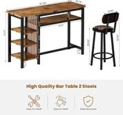 FurnishSpot® Rustic Brown Bar Table Set with Storage Shelves & PU Backrest Stools – 3-Piece Pub Dining Set