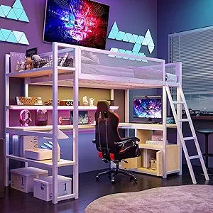 Loft Bed with Desk & Storage Shelves, Twin Size Space-Saving Bed Frame with LED Lights, Charging Station, Safety Guardrails, Eas