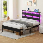 Satifur Full/Queen Size Bed Frame with LED Light and Charging Station, Wood Storage Headboard with 2-Tier Shelves,Metal Platform