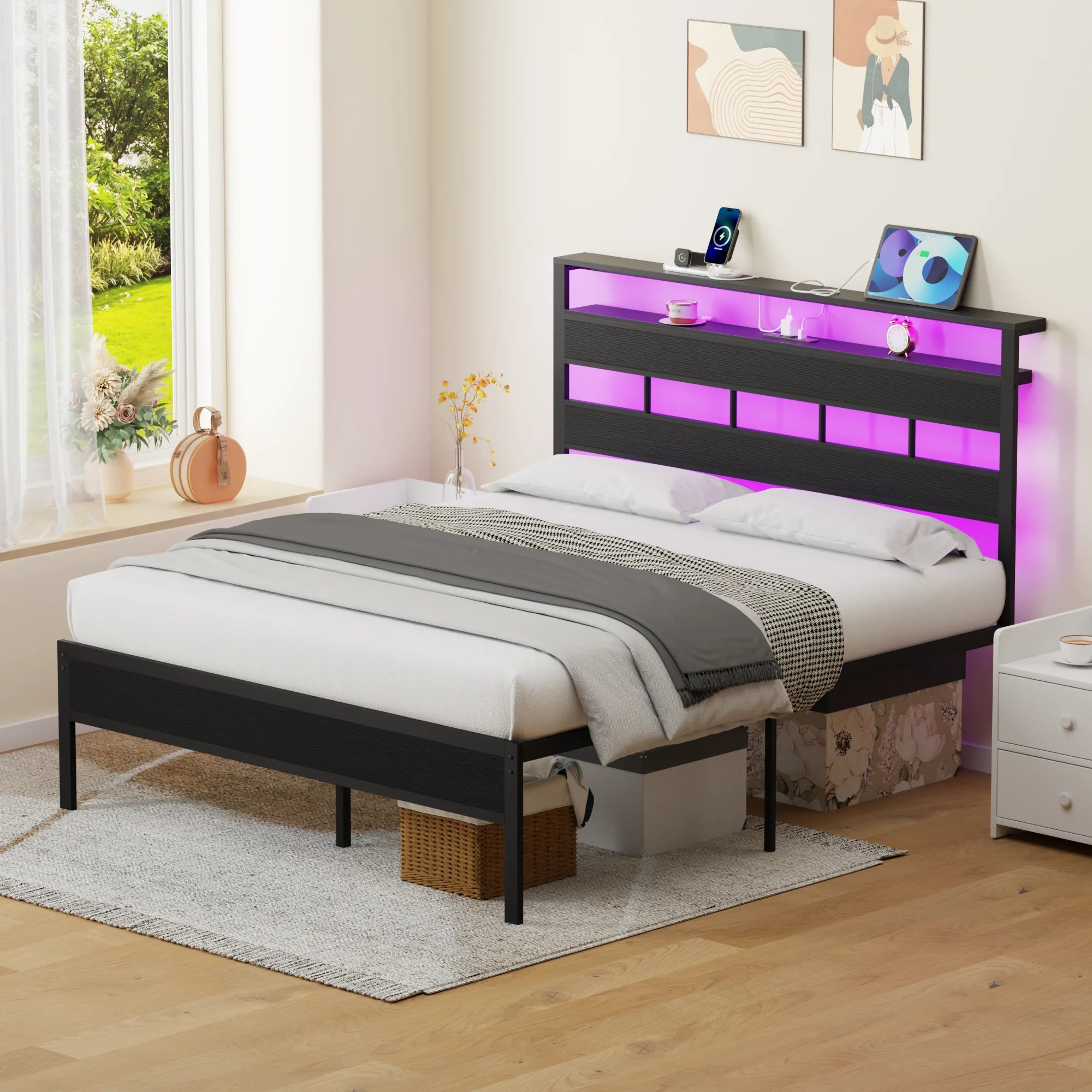 Satifur Full/Queen Size Bed Frame with LED Light and Charging Station, Wood Storage Headboard with 2-Tier Shelves,Metal Platform
