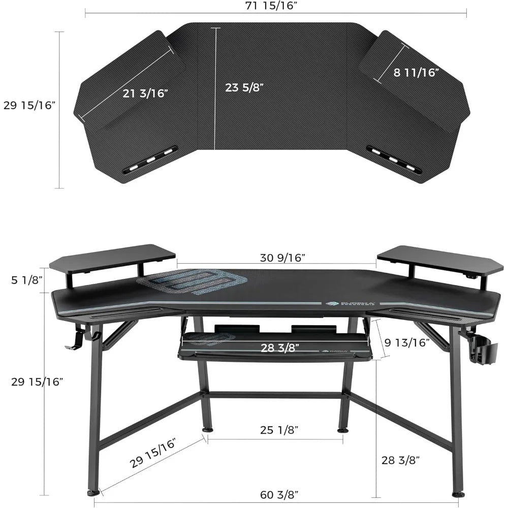 Aero Gaming Desk with Led Lights, 72" Large Wing-Shaped Studio Desk W Keyboard Tray Monitor Stand Dual Headphon