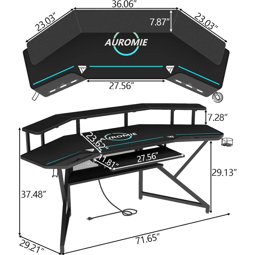 Gaming Desk with Power Outlet & LED Light, 72" Large Wing-Shaped Computer Desk w Monitor Stand & Keyboard Tray & Full-Size Mouse