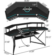 Gaming Desk with Power Outlet & LED Light, 72" Large Wing-Shaped Computer Desk w Monitor Stand & Keyboard Tray & Full-Size Mouse