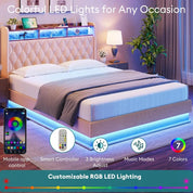 Full Bed Frame with Storage, LED Lights, and Charging