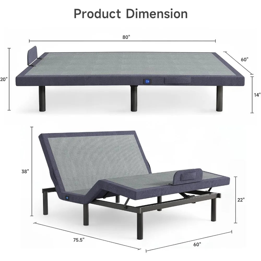 Queen Adjustable Bed Frame with Wireless Remote, Electric Bed Base w/3 Massage Modes, Zero Gravity Bed, Head and Foot Incline, 3