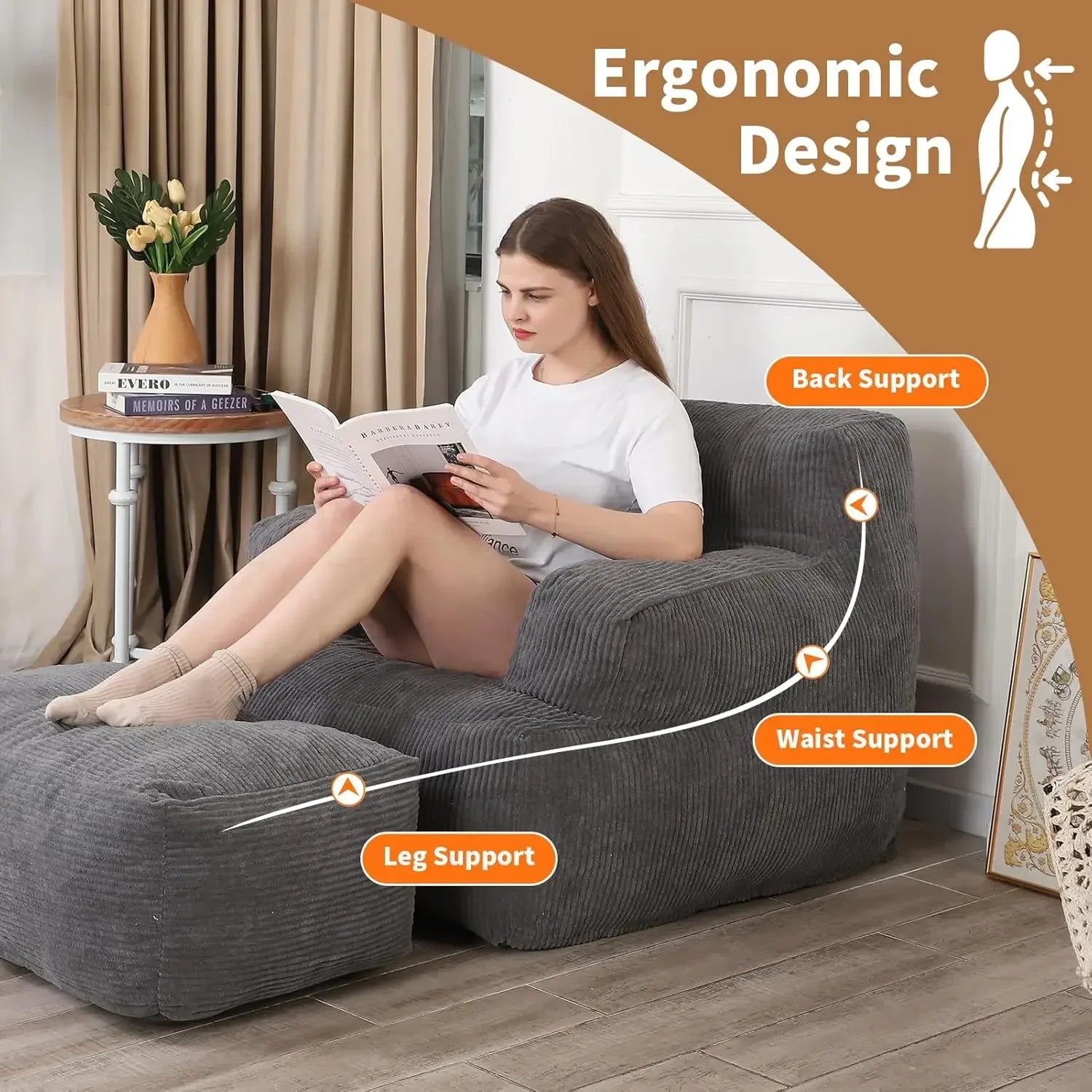 Bean Bag Sofa Chair with Ottoman, Giant Bean Bag Chair for Adults, Comfy Reading Chair,Living Room, Bedroom (Grey)